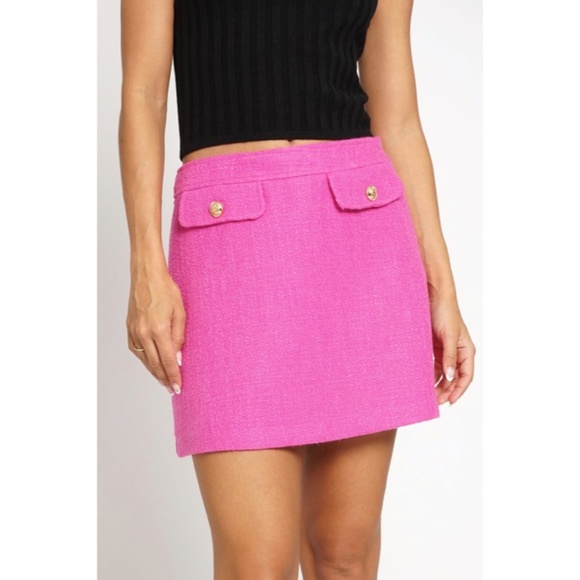 Valentines Day Hot Pink Tweed Faux Pocket Woven Button Mini Skirt - Picture 1 of 4